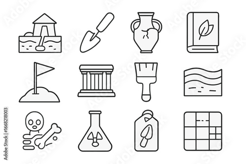 Archaeological Icon Set. Outline icon set of archeological tourism: excavation site, digging tool, ancient