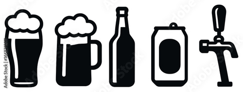 Beer icons set vector: glass, mug, bottle, can, tap - perfect for oktoberfest designs
