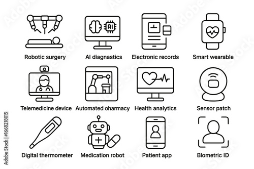 Medical Equipment Icons. Outline icon set of automated medical equipment: robotic surgery, AI diagnostics,