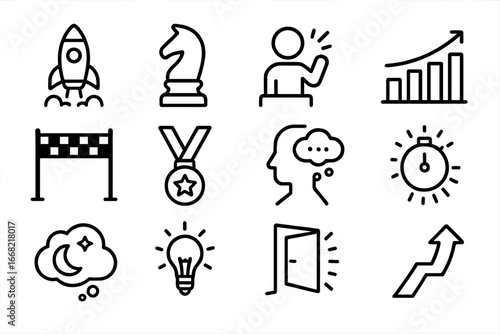 Icons of Ambition. Outline icon set of personal ambition and drive: rocket launch, chess piece, motivation