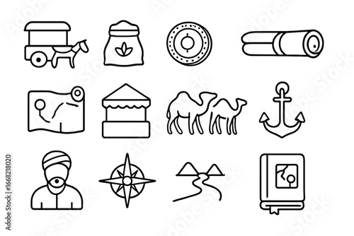 Ancient Trade Route Icons. Outline icon set of ancient trade routes: caravan icon, spice sack, trade coin,