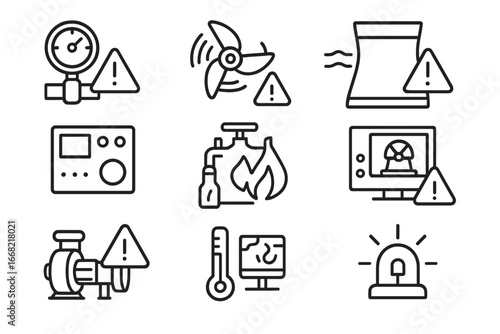 Energy Plant Alarm Icons. Outline icon set of energy plant alarm systems: high pressure warning, turbine fault