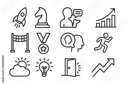 Icons of Ambition. Outline icon set of personal ambition and drive: rocket launch, chess piece, motivation