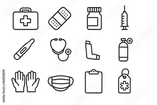 Medical Supply Icons. Outline icon set of medical emergency supplies: first aid kit, bandage, pill bottle,