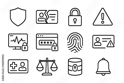 Medical Theft Protection Icons. Outline icon set of medical identity theft protection: shield, broken ID card,