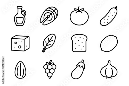Mediterranean Diet Icons. Outline icon set of Mediterranean diet: olive oil bottle, salmon fillet, tomato,