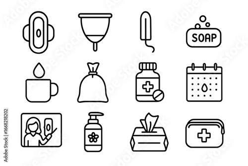 Menstrual Health Icons. Outline icon set of menstrual health supplies: sanitary napkin, menstrual cup, tampon,