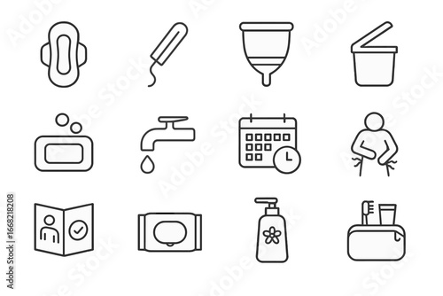 Menstrual Care Icons. Outline icon set of menstrual health and hygiene: sanitary pad, tampon applicator,