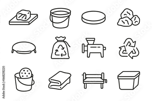 Clay Preparation Icons. Outline icon set of clay preparation and reclaim: wedging board, water bucket, plaster