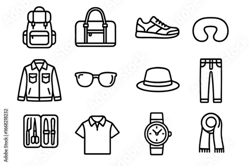Men's Travel Essentials. Outline icon set of travel style for men: backpack, leather duffle bag, sneakers,
