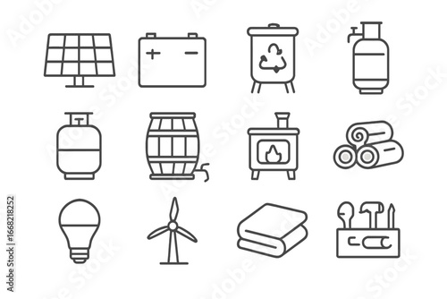Off-Grid Essentials Icons. Outline icon set of off-grid living essentials: solar panel, battery storage,