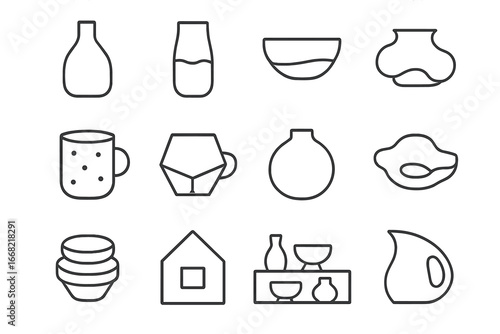 Modern Ceramic Icon Set. Outline icon set of modern ceramic trends: minimal vase, pastel glaze, gradient bowl,
