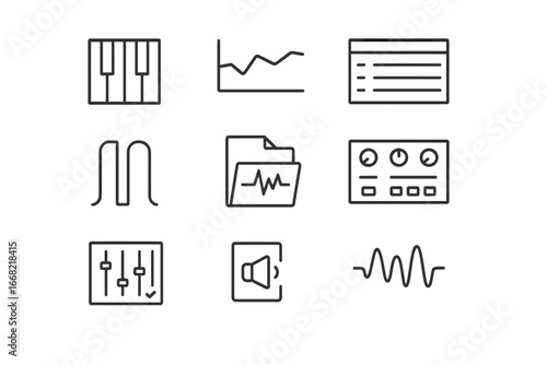 Music Software Icon Set. Outline icon set of composing software tools: piano roll, automation track,