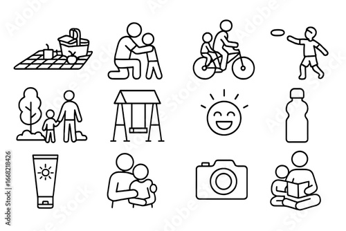 Outdoor Family Bonding Icons. Outline icon set of outdoor family bonding: picnic setup, parent and child,
