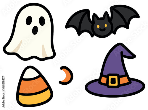 Playful halloween icons vector: spooky ghost, flying bat, witch hat, candy corn for festive designs