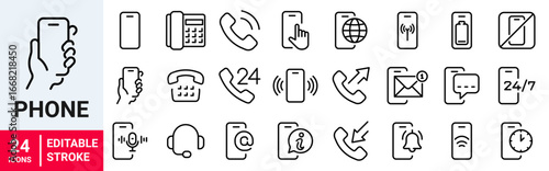 Phone web icons in line style. Call, telephone, mobile phone, contact, communication, collection. Vector illustration