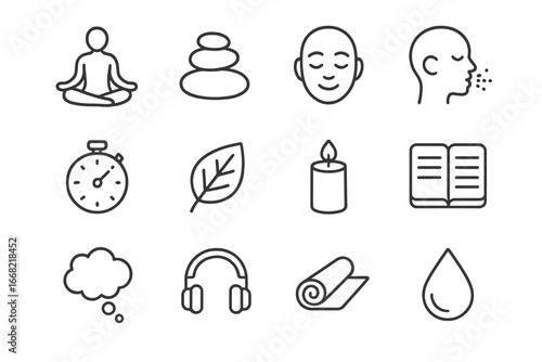 Mindfulness Icon Set. Outline icon set of Mindfulness and meditation: lotus pose, zen stone stack, calm face,
