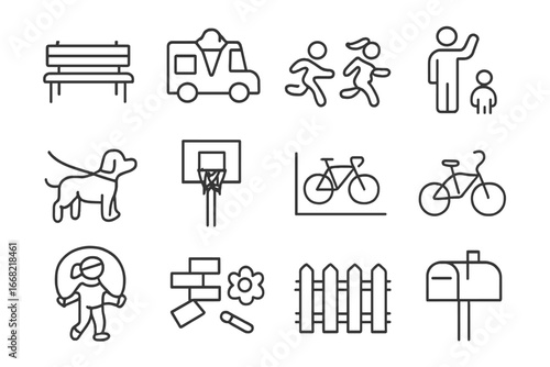 Neighborhood Play Scenes. Outline icon set of neighborhood play scenes: park bench, ice cream truck, kids