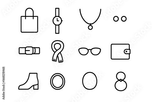 Minimalist Fashion Icons. Outline icon set of minimalist fashion accessories: plain tote bag, slim watch,