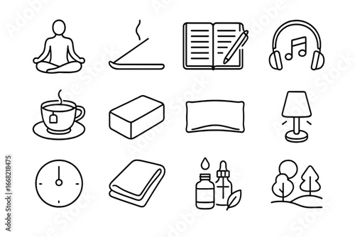 Mindfulness Practices Icons. Outline icon set of solo mindfulness practices: lotus pose, incense, journal,