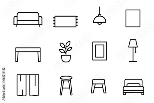 Minimalist Interior Icons. Outline icon set of minimalist interior design: plain sofa, neutral rug, bare wall,