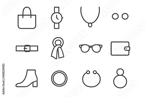 Minimalist Fashion Icons. Outline icon set of minimalist fashion accessories: plain tote bag, slim watch,