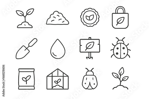 Organic Farming Icons. Outline icon set of organic farming: seedling, compost pile, eco badge, reusable bag,