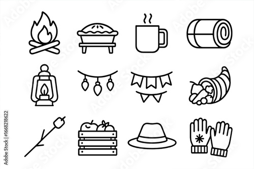 Harvest Celebration Icons. Outline icon set of harvest celebration: campfire, pie table, cider mug, blanket