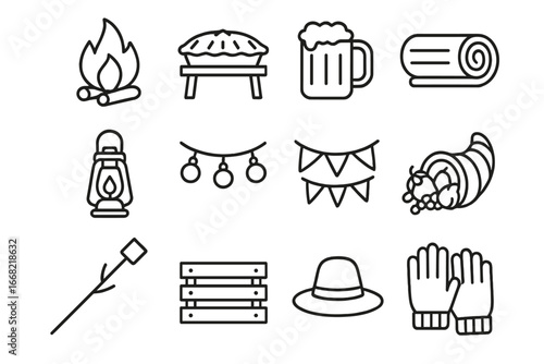 Harvest Celebration Icons. Outline icon set of harvest celebration: campfire, pie table, cider mug, blanket
