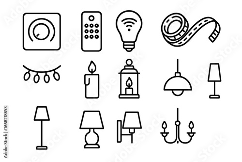 Mood Lighting Icons. Outline icon set of mood lighting accessories: dimmer switch, remote control, smart bulb,