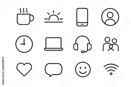 Morning Icon Grid. Outline icon set of morning calls: coffee cup, sunrise, smartphone, video call icon, clock,