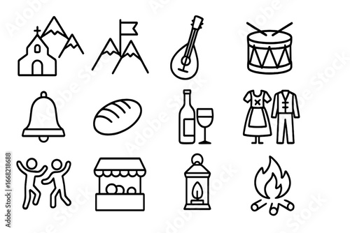 Mountain Festival Icons. Outline icon set of mountain festivals: church, flag, musical instrument, drum, bell,