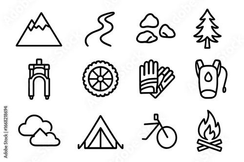 Mountain Biking Icons. Outline icon set of mountain biking in nature: mountain peak, trail, rocks, pine tree,