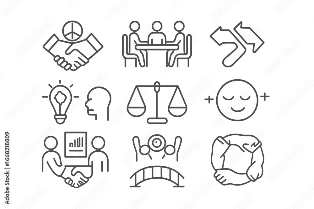Fototapeta premium Conflict Resolution Icons. Outline icon set of conflict resolution skills: peace handshake, discussion table,