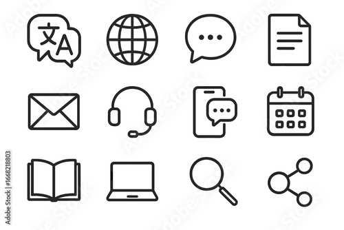 Multilingual Tools Icons. Outline icon set of multilingual workplace tools: translation icon, globe, speech