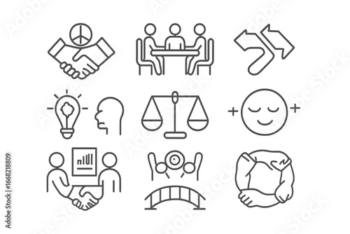 Conflict Resolution Icons. Outline icon set of conflict resolution skills: peace handshake, discussion table,