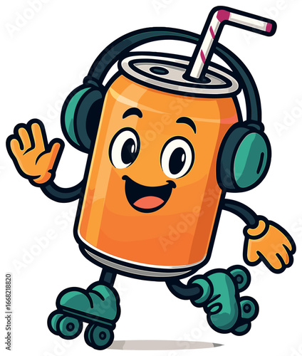 Colorful soda can with roller skates and headphones - fun beverage character vector for parties