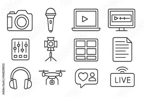 Multimedia Journalism Icons. Outline icon set of multimedia journalism: camera, microphone, laptop, video