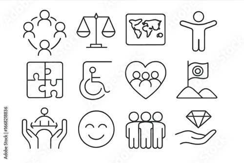 Inclusive Leadership Icons. Outline icon set of inclusive leadership: diversity circle, equity balance,