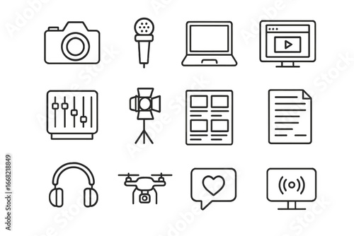 Multimedia Journalism Icons. Outline icon set of multimedia journalism: camera, microphone, laptop, video