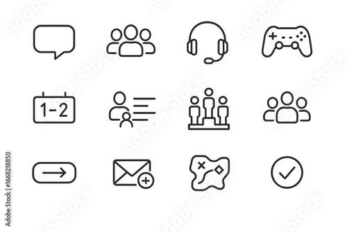 Multiplayer Gaming Icons. Outline icon set of multiplayer gaming: chat bubble, team icon, headset, game