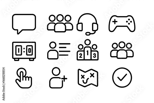 Multiplayer Gaming Icons. Outline icon set of multiplayer gaming: chat bubble, team icon, headset, game