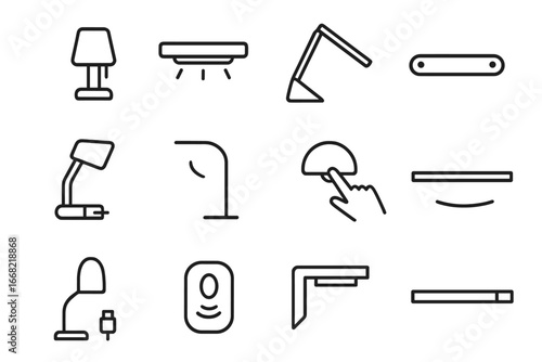Compact Lighting Icons. Outline icon set of compact living lighting: small lamp, shelf LED, foldable light,
