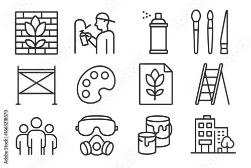 Mural Art Icon Set. Outline icon set of public art murals: mural wall, artist at work, spray paint, brushes,