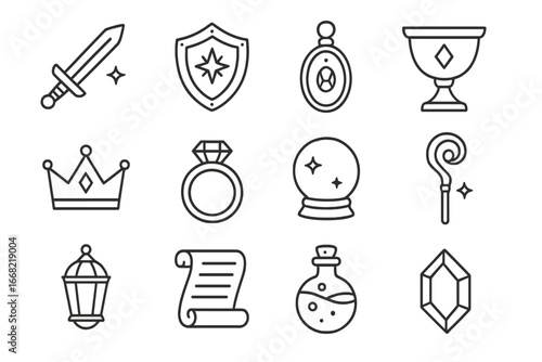 Mystical Artifacts Icons. Outline icon set of mystical artifacts: enchanted sword, ancient shield, amulet,