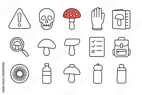 Mushroom Safety Icons. Outline icon set of mushroom safety: warning sign, skull icon, red fly agaric, gloves,
