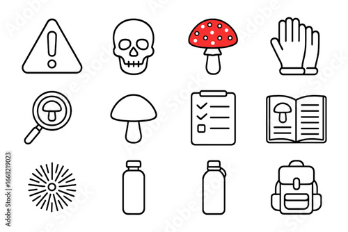 Mushroom Safety Icons. Outline icon set of mushroom safety: warning sign, skull icon, red fly agaric, gloves,