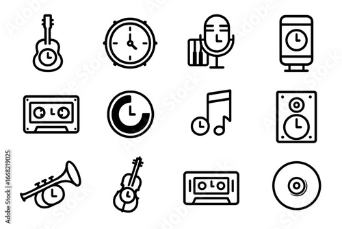 Music Clock Icons Grid. Outline icon set of music-themed repurposed clocks: guitar clock, drum head clock,