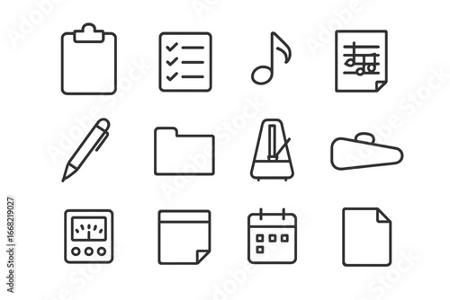 Music Class Essentials Icons. Outline icon set of music class preparation: clipboard, checklist, music note,