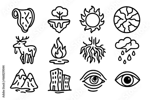 Mystical Climate Icon Set. Outline icon set of mystical climate change art: melting clocks, floating islands,